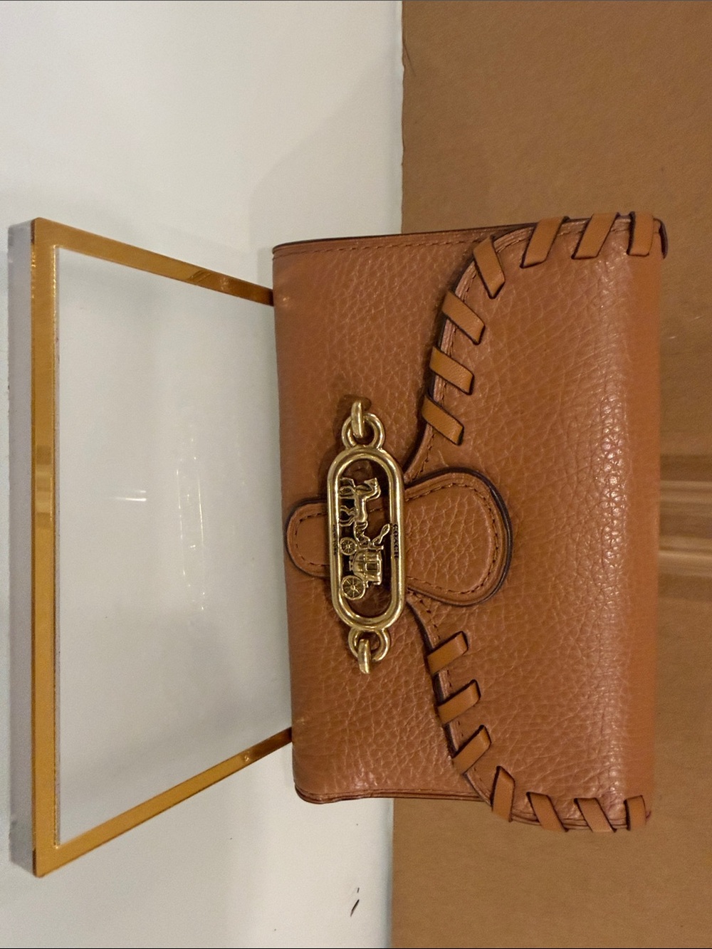 Coach Tan Whipstitch Leather Clutch with Gold-Tone Horsebit